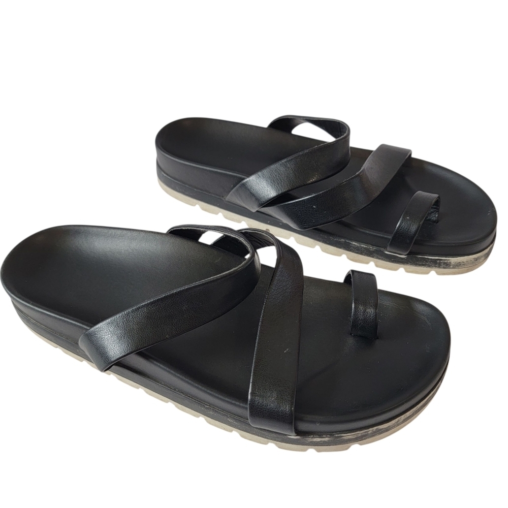 J/Slides Women's Black Strappy Breathable Leather Comfort Sandals Sz 8 Casual